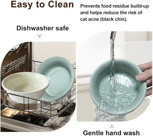 Elevated Cat Bowl, 12 Ounce Ceramic Raised Cat Bowl for Dry and Wet Food, 2 Dishs with Adjustable Wood Stand, for Indoor Kitten, Cats and Puppy, Dishwasher Safe (Cream+Green - Image 5