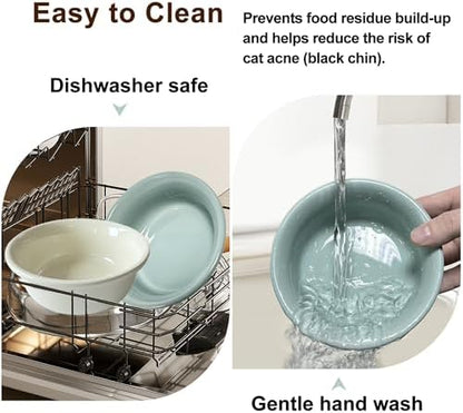 Elevated Cat Bowl, 12 Ounce Ceramic Raised Cat Bowl for Dry and Wet Food, 2 Dishs with Adjustable Wood Stand, for Indoor Kitten, Cats and Puppy, Dishwasher Safe (Cream+Green - Image 5