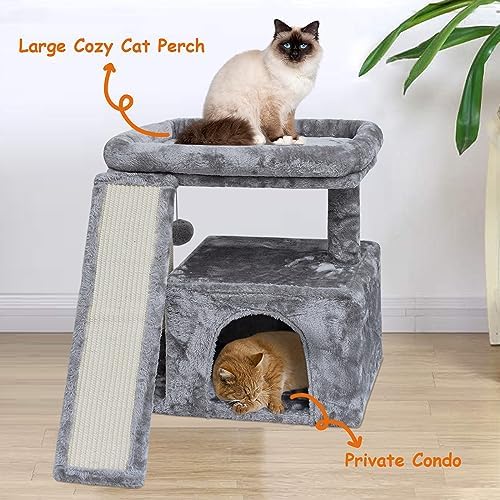 Small Cat Tree for Indoor Cats, Cat Tower with Scratching Post and Board, Cat House with Perch for Kitten, Stable Condo and Stand (Light Grey) - Image 4