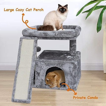 Small Cat Tree for Indoor Cats, Cat Tower with Scratching Post and Board, Cat House with Perch for Kitten, Stable Condo and Stand (Light Grey) - Image 4