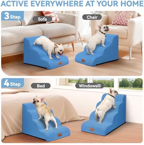 Zerbuger Dog Ramp and Stairs for Bed, Blue 4 Steps 20" H, Nonslip Cover - Image 2