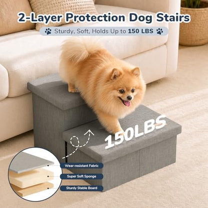 2-Step Wide Dog Stairs with Storage 11" H, Non-Slip Sturdy Pet Steps for Couch Chair, Dog Steps for Small/Medium Old Dogs, Cats, Rabbits Up to 150lbs, Foldable Cat Puppy Stairs for Car, Grey - Image 4