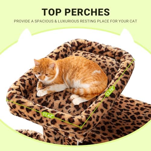 Allewie 64 Inches Cat Tree Tower/Multi-Level Activity Center for Indoor Big Felines/2 Plush Condos/2 Perchs/Basket/House/Sisal Scratching Posts/Hanging Cat Toys/Leopard Print - Image 4