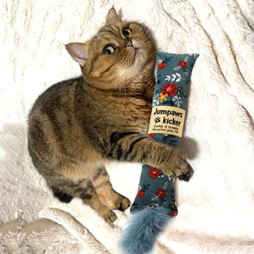 Jumpaws 2 Pack Natural Interactive Catnip & Silvervine Cat Kicker with Feathers, Bite Resistant Chew Toy, Crinkle Kicker, Accessories for Indoor Cat, Premium Corduroy Floral - Image 3