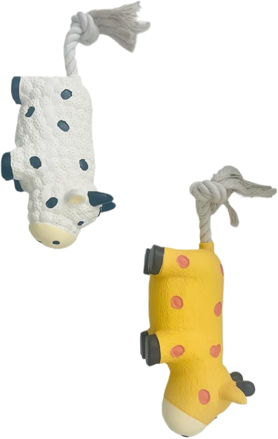 Squeaky Dog Chew Toys, Set of 2 Cow Shaped, with Rope