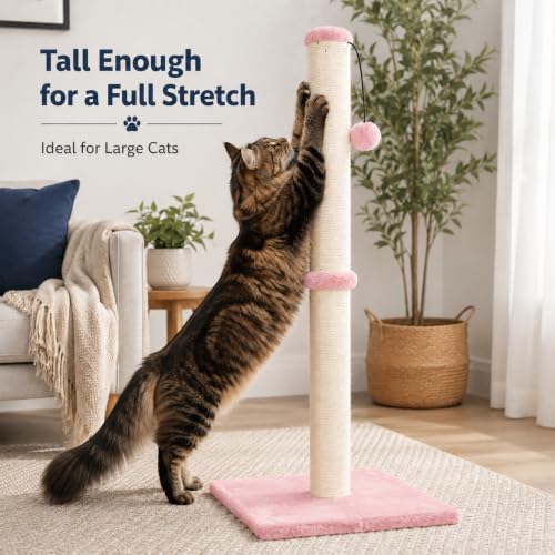 Dimaka Tall Cat Scratching Post, Claw Scratcher with Sisal Rope and Covered with Soft Smooth Plush, Vertical Scratch [Full Strectch] for Standard Size Cats (Pink, 34 inches for Large Cats) - Image 4