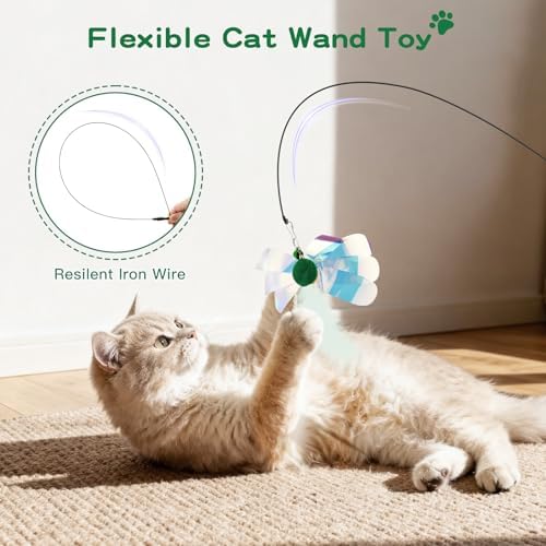 Pawaboo Cat Feather Wand Interactive Toy, 2 Feathers + 1 Wand with Bell - Image 2
