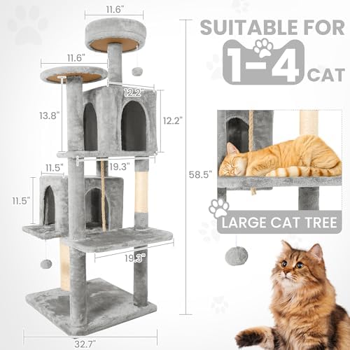 58.5inch Large Cat Tree Tower Condo for Indoor Cats, Soft Plush Multi-Level Climbing Tree Cat House with Cat Cave, Scratching Post, More Entrance/Exit, Sisal Rope, Light Grey - Image 4