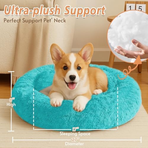 JOLLYVOGUE Calming Dog Bed Medium Size Dog, Anti-Anxiety Donut Medium Pet Bed, 27 inches Fluffy Faux Fur Round Cat Bed (Aqua Blue) - Image 5