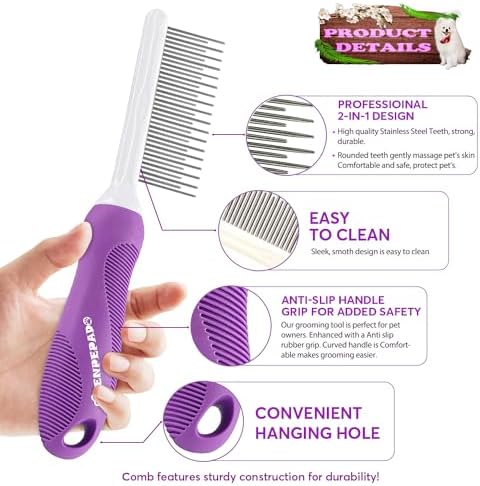 GENPEPADO Grooming Comb for Dogs and Cats with Matted Hair, Detangling Pet Comb with Long and Short Stainless Steel Metal Fine Teeth for Removing Mats, Tangles, Knots & Loose Fur from The Undercoat - Image 2