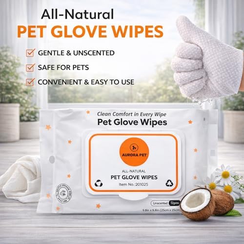 Aurora Pet Glove Wipes for Dogs & Cats, Wearable No-Rinse Grooming Glove Wipes for Paws, Face, Ears & Body, Hypoallergenic Disposable Pet Cleaning Wipes, Unscented, 12 Count - Image 2