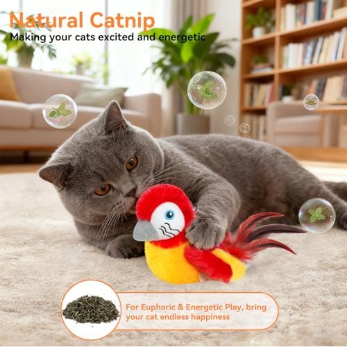 Cat Toys Flapping Bird(Cannot Fly), Electric Simulated Chirping Bird Interactive Kitten Toy with Flappy Wings, Rechargeable Touch Activated Toy with Catnip and Feather for Indoor Cats - Red - Image 5