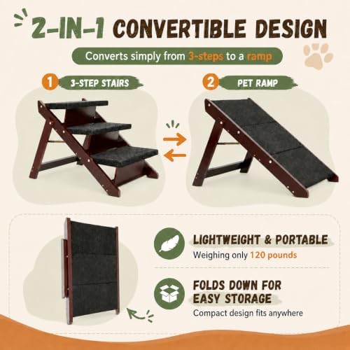 Wooden Dog Stairs & Ramp for Small Medium Dogs & Cats (Brown) - Image 3