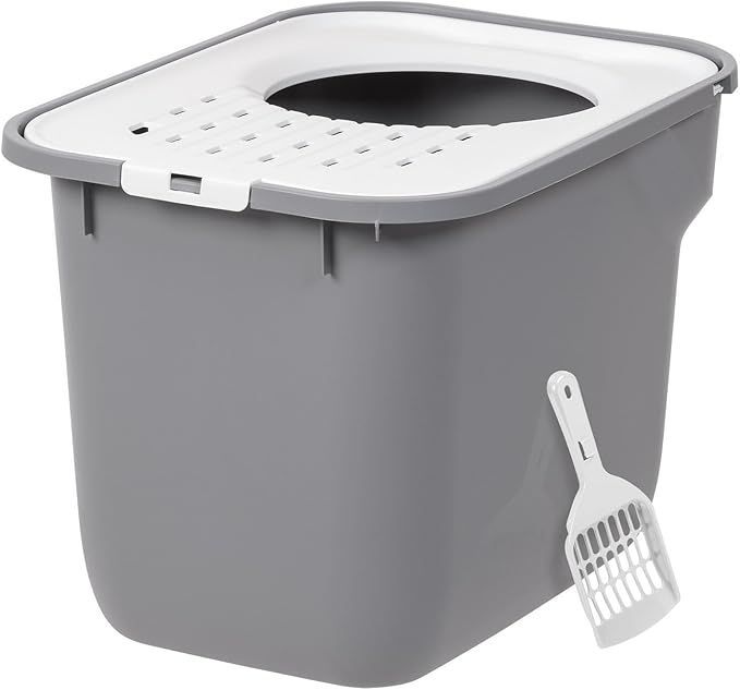 IRIS USA Large Cat Litter Box Top Entry with Lid, Enclosed Litter Box with Litter Catching Lid & Scoop, Covered Cat Litter Box Enclosure for Privacy, High Sided, Gray/White