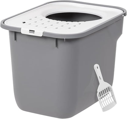 IRIS USA Large Cat Litter Box Top Entry with Lid, Enclosed Litter Box with Litter Catching Lid & Scoop, Covered Cat Litter Box Enclosure for Privacy, High Sided, Gray/White