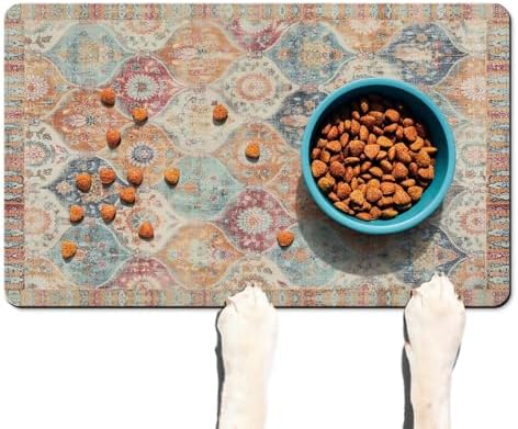 Moroccan Trellis Dog Food & Water Mat, Mexican Talavera Boho Colorful Pet Feeding Mat for Floor Non-Slip Waterproof, Super Absorbent Cat Bowl Mat, Easy to Clean Durable Pet Placemat,12" × 20" - Image 2