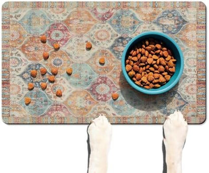 Moroccan Trellis Dog Food & Water Mat, Mexican Talavera Boho Colorful Pet Feeding Mat for Floor Non-Slip Waterproof, Super Absorbent Cat Bowl Mat, Easy to Clean Durable Pet Placemat,12" × 20" - Image 2