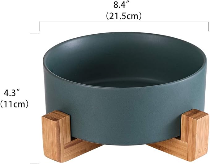 Green Ceramic Dog Bowls With Wood Stand, Water and Food Dish, Heavy Weighted No Tip Over Comfort Bowls, Stoneware Pet Bowl, Extra High Capacity 8.4" Diameter for Large Dogs