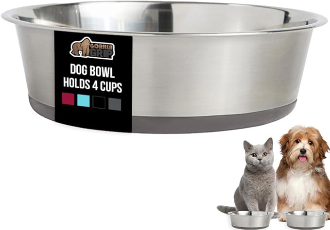 GORILLA GRIP Dog Bowl, Holds 4 Cups (32 fl oz), Food Grade 304 Stainless Steel Food and Water Bowl for Feeding Dogs and Cats, BPA Free Rubber Base, Easy Clean, Dishwasher Safe, Rust Resistant, Black