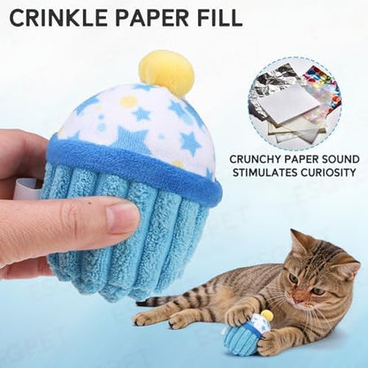 Cat Birthday Decorations Catnip Toys for Indoor Cats,4 Pack Cat Birthday Party Supplies with Birthday Hat,Bandana,Cake & Gift Box Interactive Plush Kitten Toys Filled with Crinkle Paper,Catnip - Image 5
