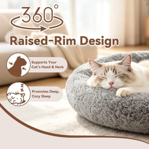 LESYPET Round Cat Bed for Cats Small Dogs, 19'' W×2'' H Cat Donut Beds for Indoor Cats Raised Pillow Pet Mat Non-Slip Bottom Machine Washable, Grey - Image 3