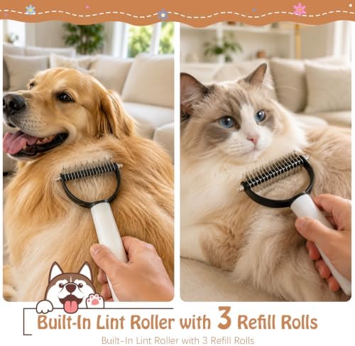 2-in-1 Dog Dematting Tool & Deshedding Comb with Built-in Lint Roller | Undercoat Rake for Loose Fur, Mats & Stubborn Knots, Cat Mat Remover with 2 Extra Refill Rolls - Image 5