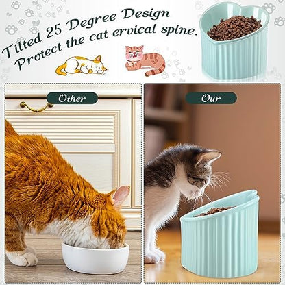 Mumufy 2 Pcs Ceramic Elevated Cat Bowls Tilted Elevated Raised Pet Bowls Anti Vomit Cat Dish for Indoor Stress Free Water Dish Feeder for Puppies, Heart Shaped(Macaron Blue, Peacock Green) - Image 3