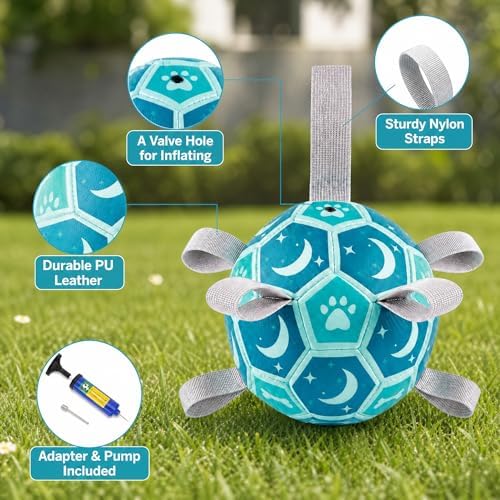 Dog Soccer Ball with Straps, 7.25 Inch Herding Dog Ball Toys Dog Birthday Toy, Balls for 30-90lbs Dogs, Outdoor Dog Toy for Medium Large Puppy, Interactive Toy for Tug, Water Toy Ball,Blue - Image 2