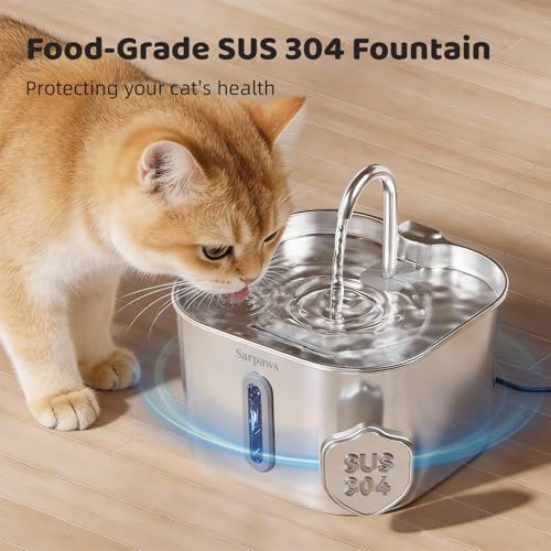 SARPAWS Cat Water Fountain Stainless Steel, 2.2L/74oz Pet Water Fountain for Cats Indoor, Ultra Quiet Cat Fountain for Cats and Small Animals, Cat Fountain for Drinking with 2 Filters & 2 Sponges - Image 2