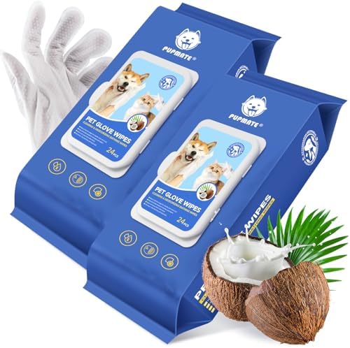 Pet Cleaning Glove Wipes for Dogs & Cats, Hypoallergenic Deodorizing Disposable No-Rinse Grooming Wipes, Wipes, Perfect for Pet Dry Cleaning, Daily Care and Travel, Coconut Scent, 48 pcs by PUPMATE