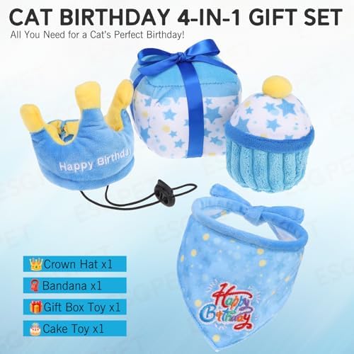 Cat Birthday Decorations Catnip Toys for Indoor Cats,4 Pack Cat Birthday Party Supplies with Birthday Hat,Bandana,Cake & Gift Box Interactive Plush Kitten Toys Filled with Crinkle Paper,Catnip - Image 4