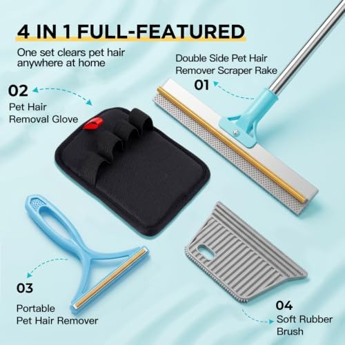 4 in 1 Carpet Rake for Pet Hair Removal, Pet Hair Remover Tool with Metal Scraper & Silicone Brush,54'' Adjustable Handle, 4 PCS Carpet Scraper Set, Dog Cat Hair Remover for Sofa, Couch, Car, Rug - Image 2