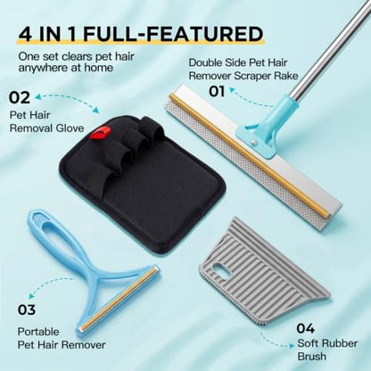 4 in 1 Carpet Rake for Pet Hair Removal, Pet Hair Remover Tool with Metal Scraper & Silicone Brush,54'' Adjustable Handle, 4 PCS Carpet Scraper Set, Dog Cat Hair Remover for Sofa, Couch, Car, Rug - Image 2