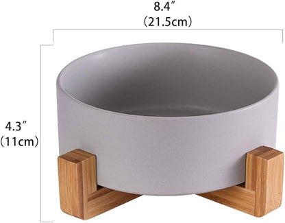 Ceramic Dog Bowl with Bamboo Stand - Large Dog Dish for Food and Water - Heavy Weighted, No Tip Over - 8.4" Diameter - Grey