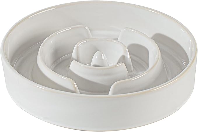 Ceramic 1.2 Cup Dog Bowl Slow Feeder for Medium and Small Dog, 7.3inch Pet Slow Dish, Stop Bloat, Preventing Choking(Single Bowl, Reactived Glaze -White)