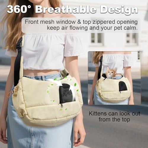 Dog Sling Carrier for Small Pets, Cat Sling for Kitten and Puppy up to 7 lbs, Breathable Cat Pouch Pet Purse with Soft Mat, Hands-Free Pet Carrier with Safety Harness and Pockets for Travel, Yellow - Image 2