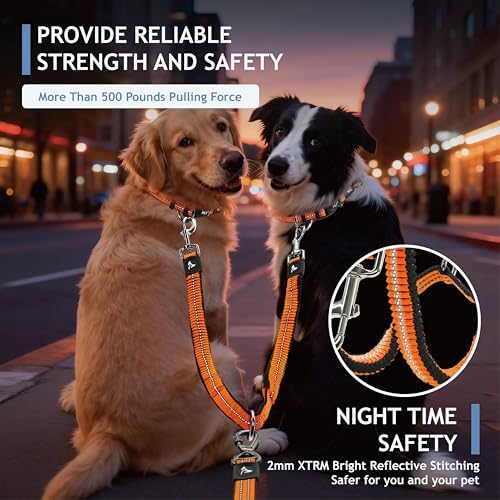 Kruz Double Dog Leash for Two Dogs (Width - 1”, Length 20”-42”) Dual Leash Coupler with Tangle-Free Swivel, Shock-Absorbing Reflective Bungee for Comfortable Walking & Training (Orange, Large) - Image 6