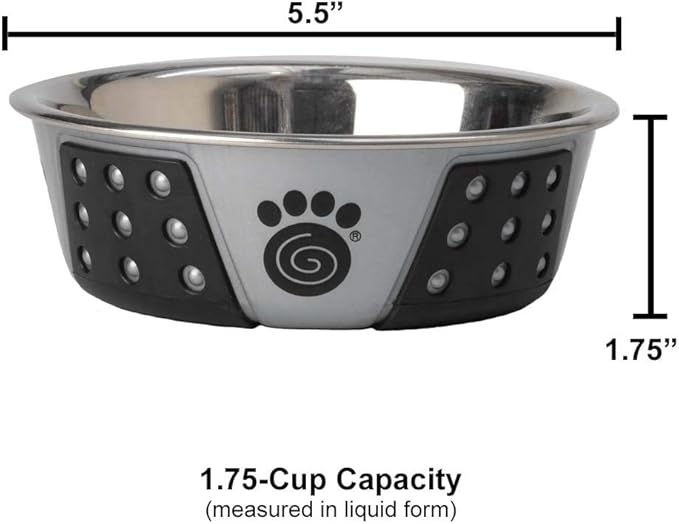 PetRageous 13097 Fiji Stainless Steel Non-Slip Dishwasher-Safe Dog Bowl 1.75-Cup Capacity 5.5-inch Diameter 1.75-inch Tall for Small and Medium Size Dogs and Cats, Light Grey and Black