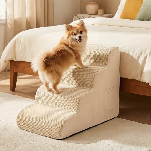 Giantex Dog Ramp Stairs for Bed, 4 Tiers Foam Pet Steps for Small Dogs Puppy Cats Older, Washable Cover, High Density Foam, Non-Slip Stairs for Dogs to Get on Bed Sofa (Beige, 4 Steps) by Giantex