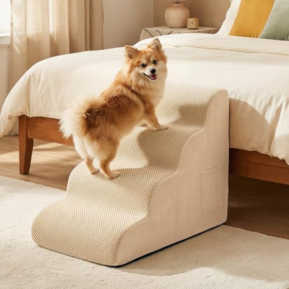 Giantex Dog Ramp Stairs for Bed, 4 Tiers Foam Pet Steps for Small Dogs Puppy Cats Older, Washable Cover, High Density Foam, Non-Slip Stairs for Dogs to Get on Bed Sofa (Beige, 4 Steps) by Giantex
