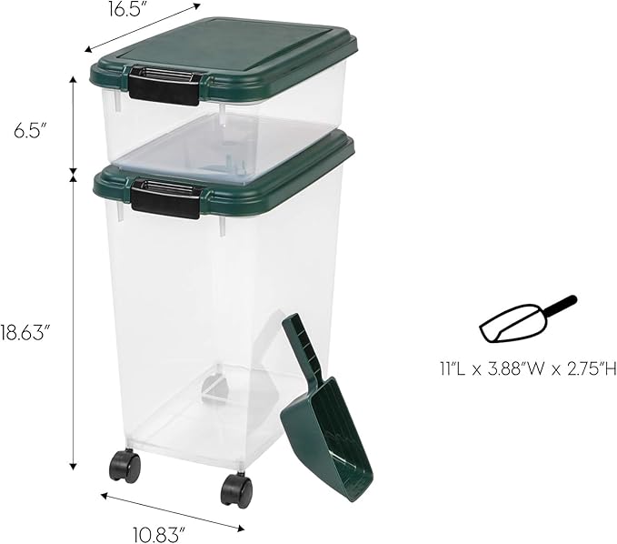 IRIS USA Remington Dog Food Storage Container, 30 lbs, 11 lbs, Airtight, Stackable, Wheels, Food Storage, Treat Box, 2-Cup Scoop