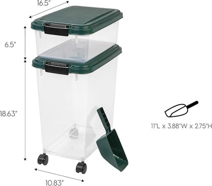 IRIS USA Remington Dog Food Storage Container, 30 lbs, 11 lbs, Airtight, Stackable, Wheels, Food Storage, Treat Box, 2-Cup Scoop