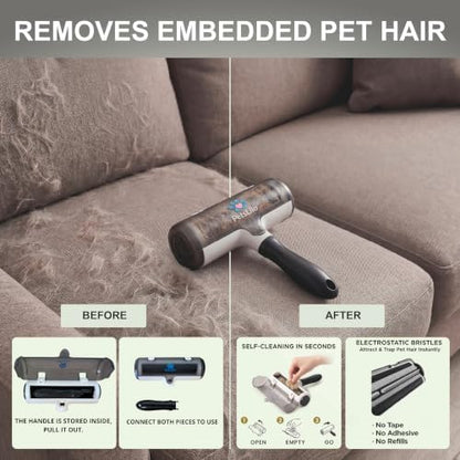 5-in-1 Kit Pet Hair Remover for Furniture & Couch - Reusable Lint Roller, Dog & Cat Fur Remover for Carpet, Car & Clothes, Mini Travel Roller, Grooming & Bath Brush Set for Sofa, Upholstery & Bedding - Image 3