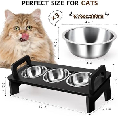 Bamboo Elevated Cat Bowls, 3 Stainless Steel Raised Cat Bowl with Stand, 15°Tilted Cat Feeding Station, Cat Food and Water Bowl Set for Small Cats, Anti Vomitting, Whisker Fatigue (Black) - Image 2