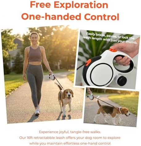 16ft Retractable Dog Leash for Medium Dogs up to 66 lbs, with Waste Bag Dispenser, 5m Heavy Duty Nylon Tape, 360° Tangle-Free, One-Handed Brake & Lock, Anti-Slip ABS Handle (16FT-White) - Image 6