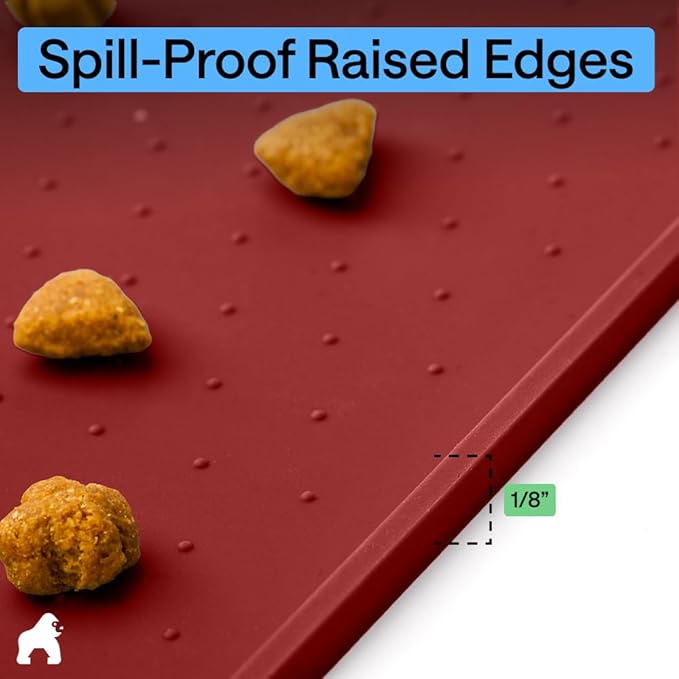 GORILLA GRIP 100% Waterproof Raised Edge BPA Free Silicone Pet Feeding Mat, Dog Cat Food Mats Contain Spills Protects Floors, Placemats for Cats and Dogs Water Bowl, Pets Accessories 32x24 Red