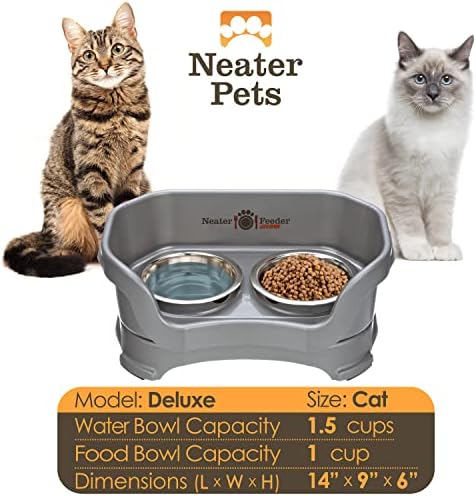 Neater Pet Brands Neater Feeder Deluxe Mess Proof Cat Bowls Elevated, Made in USA, No Spill Raised Bowls for Indoor Cats, Stainless Steel Food and Water Bowl Set, Pet Dish Feeding Station, Gunmetal - Image 5