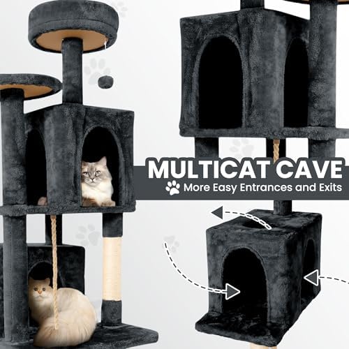 58.5inch Large Cat Tree Tower Condo for Indoor Cats, Soft Plush Multi-Level Climbing Tree Cat House with Cat Cave, Scratching Post, More Entrance/Exit, Sisal Rope, Deep Grey - Image 5