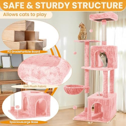 54-Inch Cat Tree Tower with 2 Caves & 2 Pompoms - Multi-Level Tower for Indoor Cats, Soft Plush Condo with Scratching Posts - Sturdy Base for Large Cats(Pink) - Image 4