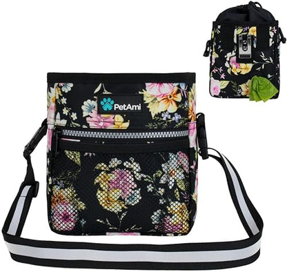 PetAmi Dog Treat Pouch, Pet Treat Pouch for Training, Dog Walking Bag Holder for Kibbles, Pet Food Toy, Dog Trainer Essentials Supplies, Poop Bag Dispenser, 3 Ways to Wear (Floral Black) by PetAmi